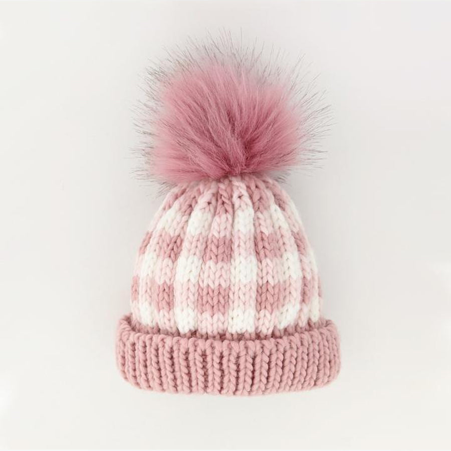Rosy Pink Buffalo Check Pom Pom Beanie Hat-Huggalugs-Joanna's Cuties