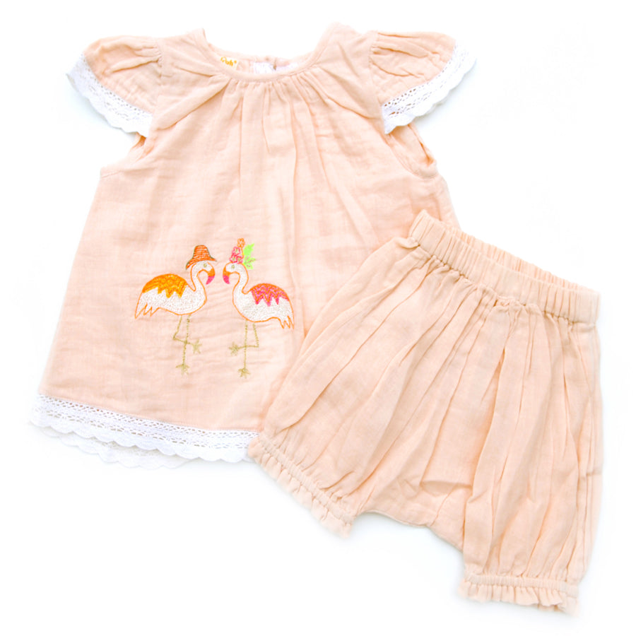 Organic Short Dress With Emb Flamingo & Bloomers-Almirah-Joanna's Cuties