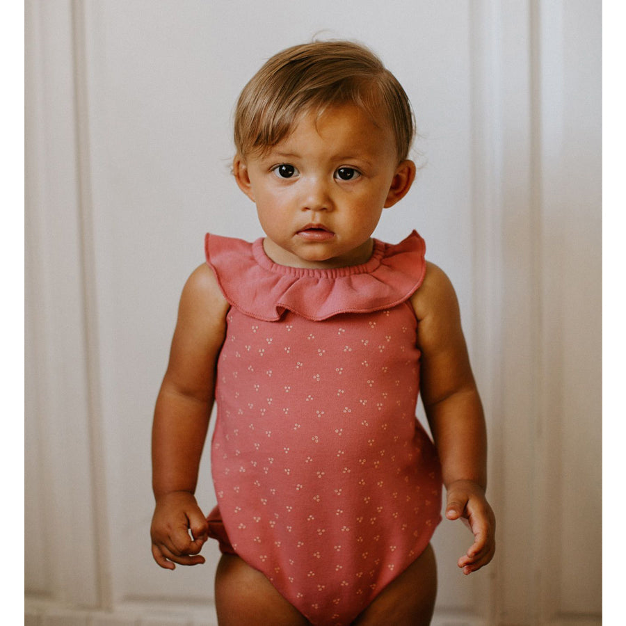 Sleeveless Ruffle Bodysuit in Sienna Dots-L'ovedbaby-Joanna's Cuties