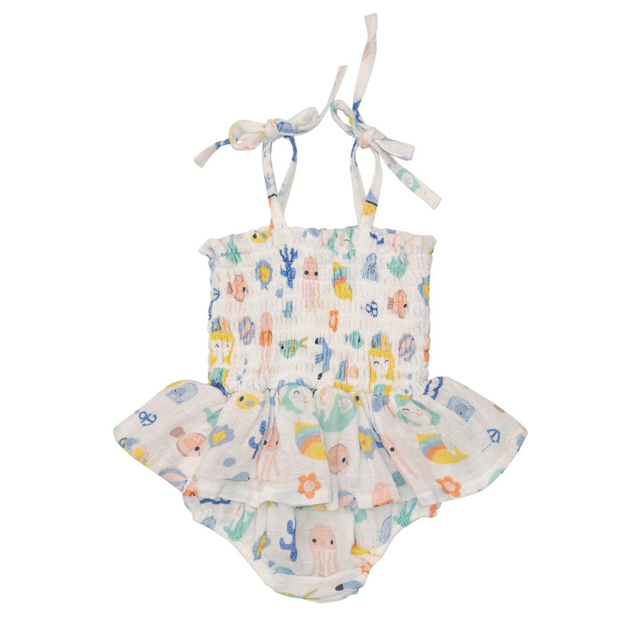 Organic Smocked Bubble Skirt & Tie Straps - Sea U Mermaids-OVERALLS & ROMPERS-Angel Dear-Joannas Cuties