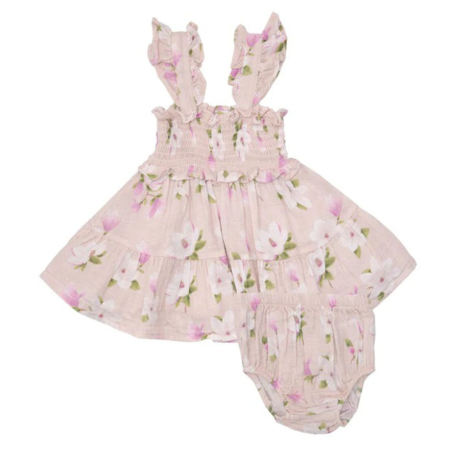 Organic Smocked Ruffle Sundress & Diaper Cover - Southern Magnolias-DRESSES & SKIRTS-Angel Dear-Joannas Cuties