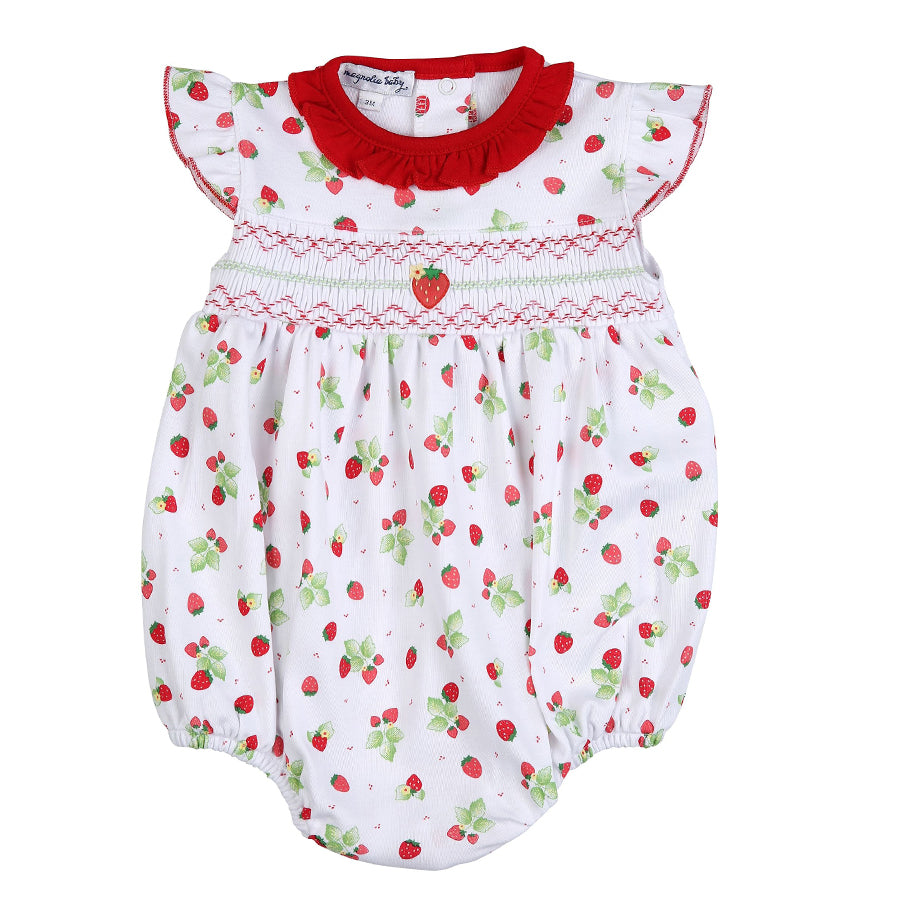 So Berry Cute Smocked Printed Flutters Bubble-OVERALLS & ROMPERS-Magnolia Baby-Joannas Cuties