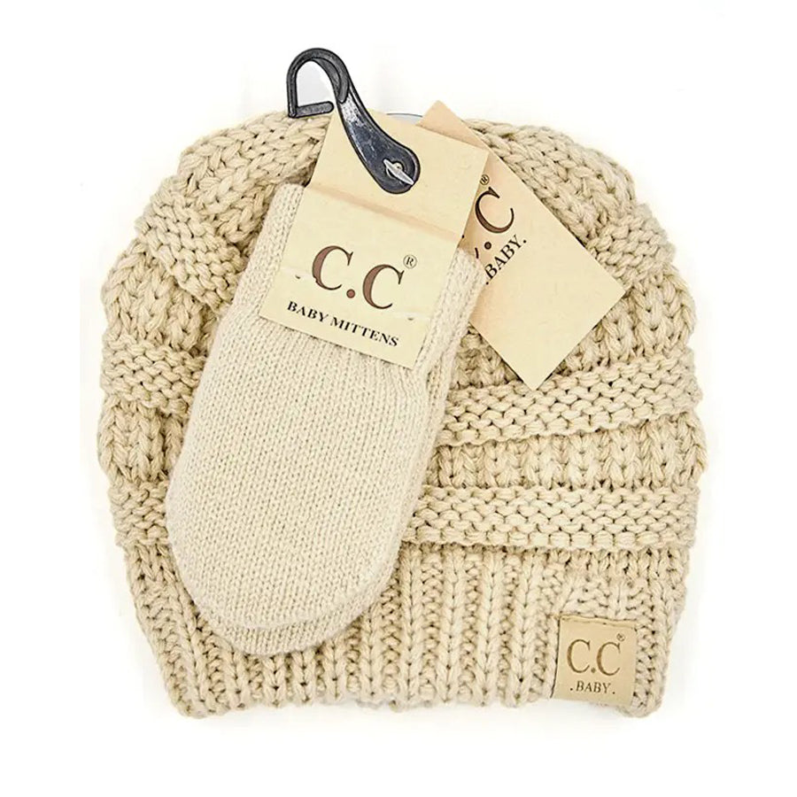 Solid Ribbed Baby Beanie and Mitten Glove - Beige-HATS & SCARVES-C.C Beanie-Joannas Cuties