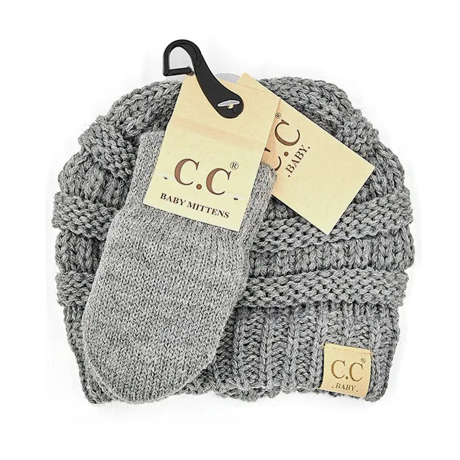 Solid Ribbed Baby Beanie and Mitten Glove - Grey-HATS & SCARVES-C.C Beanie-Joannas Cuties
