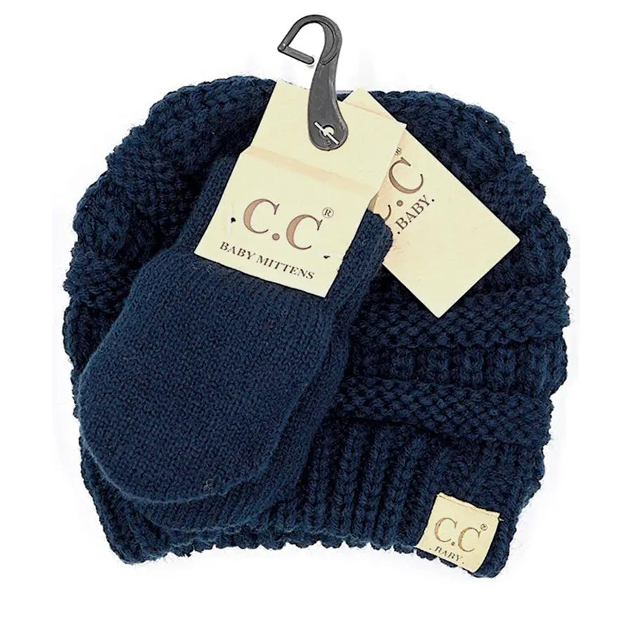 Solid Ribbed Baby Beanie and Mitten Glove - Navy-HATS & SCARVES-C.C Beanie-Joannas Cuties