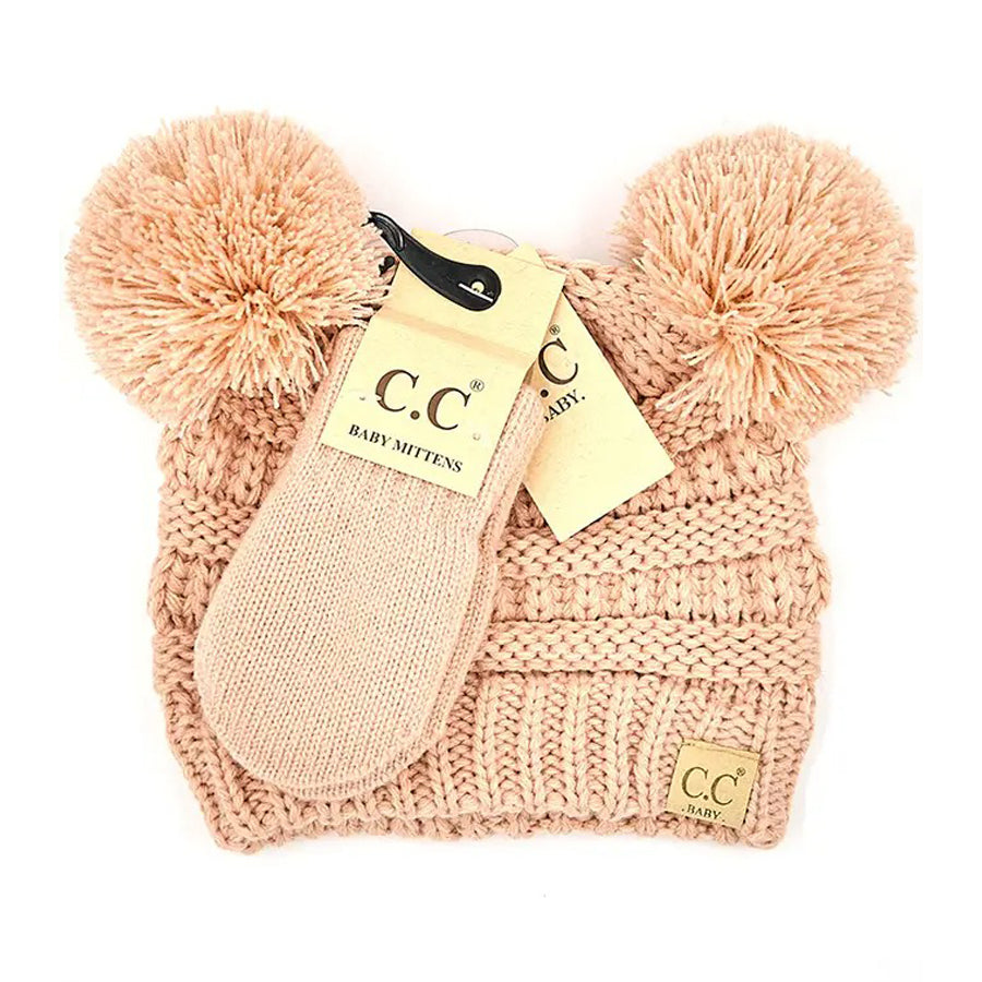 Solid Ribbed Baby Pom Beanie and Mitten Glove - Indi Pink-HATS & SCARVES-C.C Beanie-Joannas Cuties