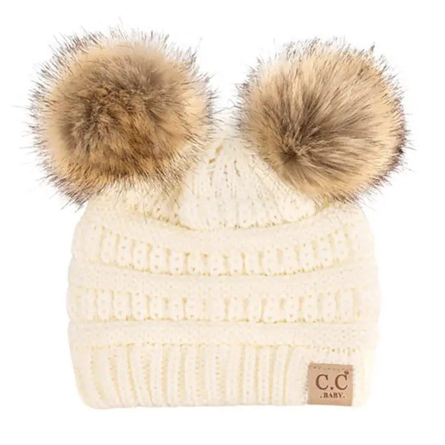 Solid Ribbed Infant Natural Fur Double Pom Pom Beanie - Ivory-HATS & SCARVES-C.C Beanie-Joannas Cuties