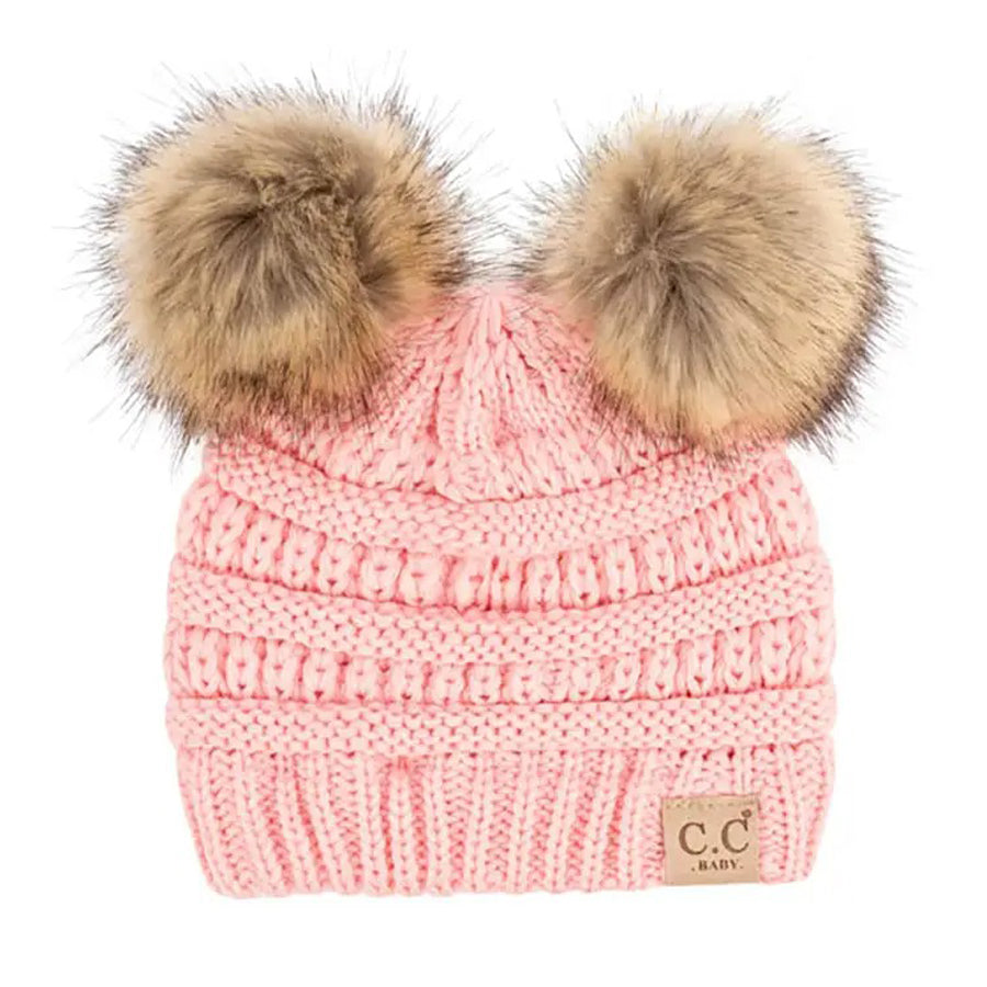 Solid Ribbed Infant Natural Fur Double Pom Pom Beanie - Pink-HATS & SCARVES-C.C Beanie-Joannas Cuties