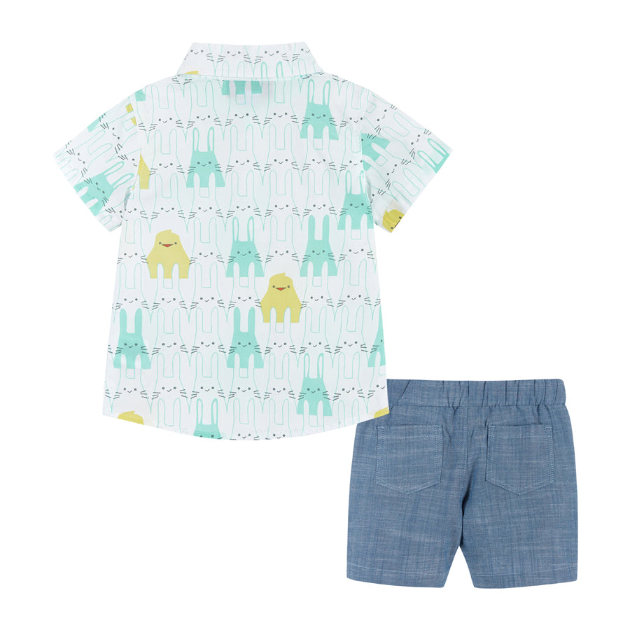 Spring Animals Print Button-Up & Short Set - Blue-OUTFITS-Andy & Evan-Joannas Cuties