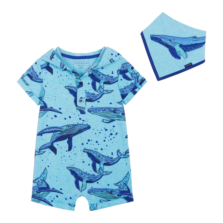 Swimming Whale Print Romper Set - Blue-OVERALLS & ROMPERS-Andy & Evan-Joannas Cuties