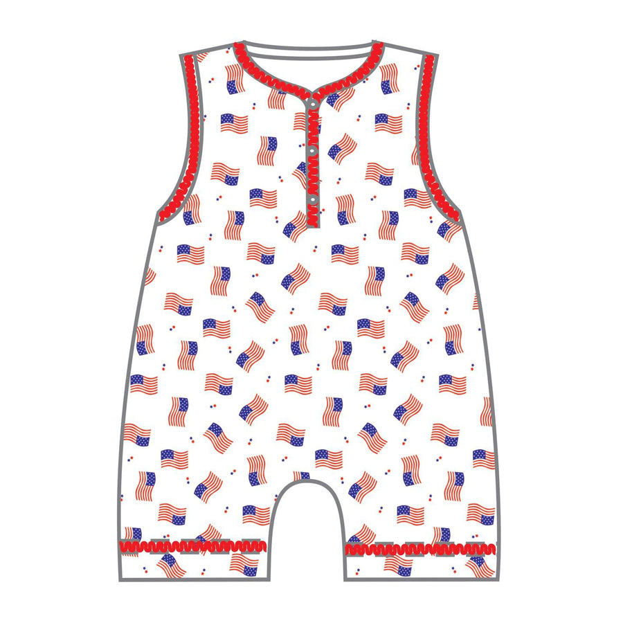 Tiny Red, White And Blue Printed Front Snap Sleeveless Short-OVERALLS & ROMPERS-Magnolia Baby-Joannas Cuties
