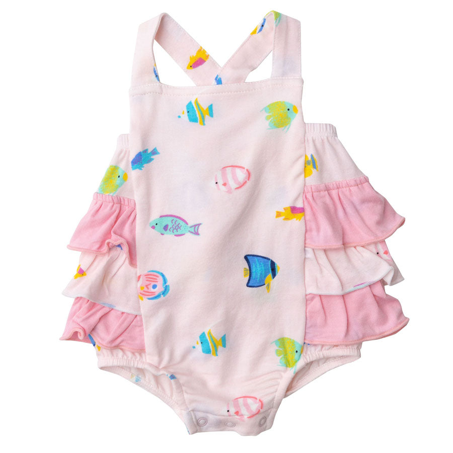 Tropical Fish Ruffle Bubble - Pink-OVERALLS & ROMPERS-Angel Dear-Joannas Cuties