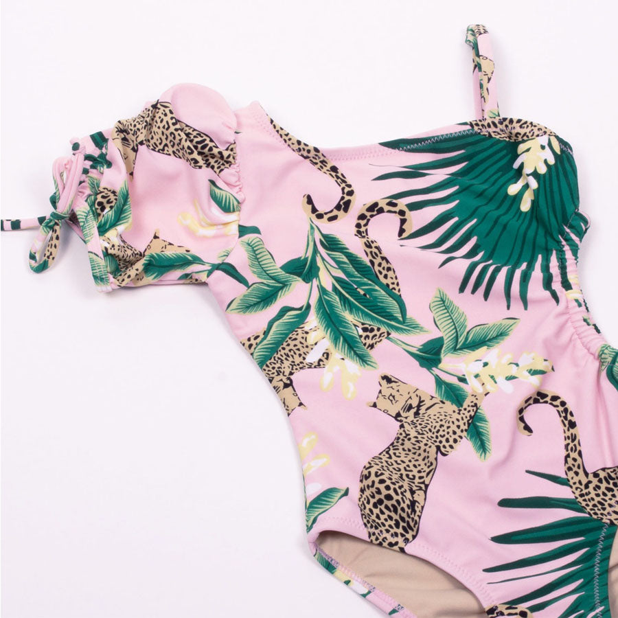 Tropical Leopard Puff Sleeve Girls One Piece Swimsuit-SWIMWEAR-Shade Critters-Joannas Cuties