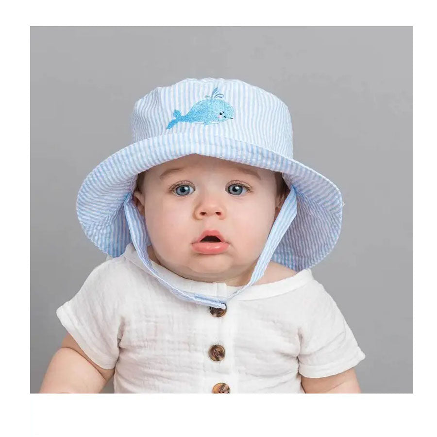 Whale Blue Seersucker Bucket Hat-SUN HATS-Huggalugs-Joannas Cuties