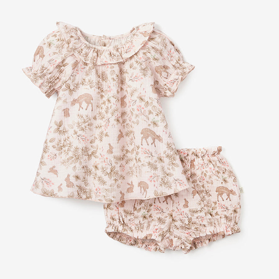 Woodland Print Organic Muslin Collared Dress & Bloomer Set-DRESSES & SKIRTS-Elegant Baby-Joannas Cuties