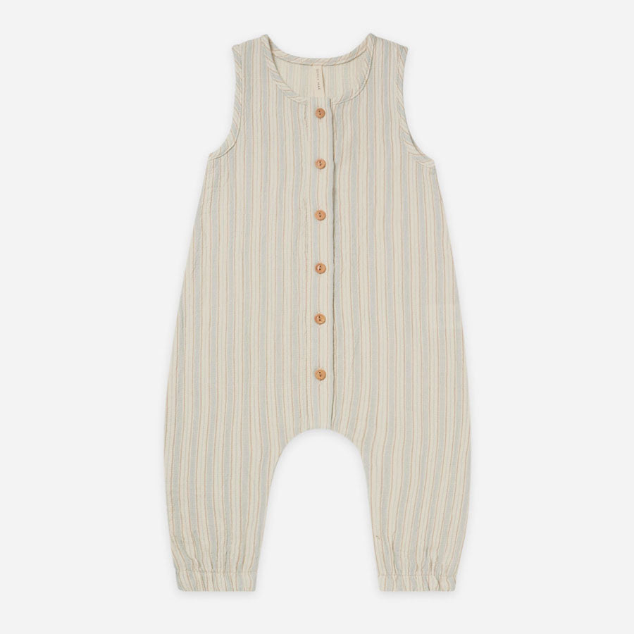Woven Button Organic Jumpsuit - Sky Stripe-OVERALLS & ROMPERS-Quincy Mae-Joannas Cuties